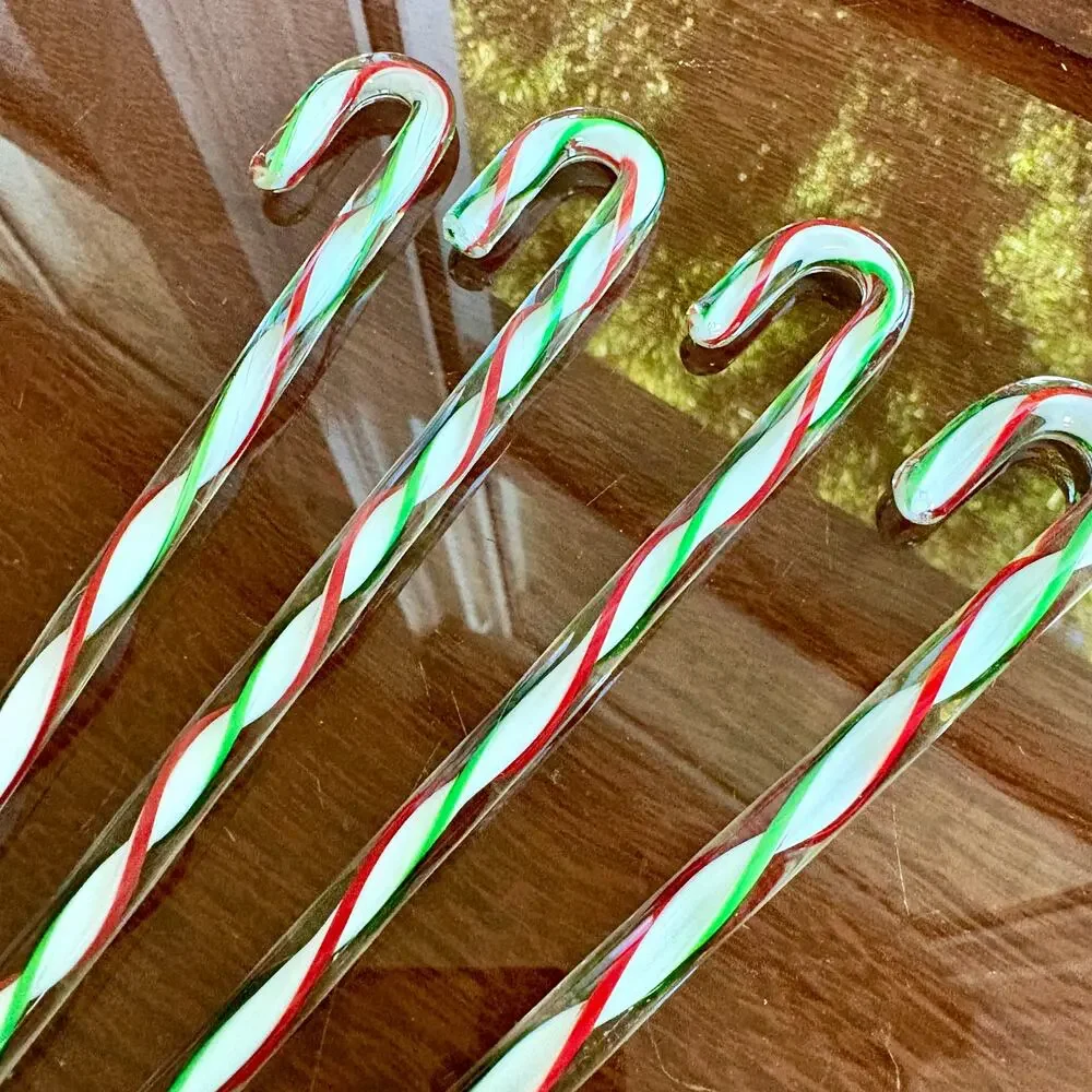 Vintage Pier 1 Glass Candy Cane Swizzle Sticks Set of 4 Christmas Stirrers